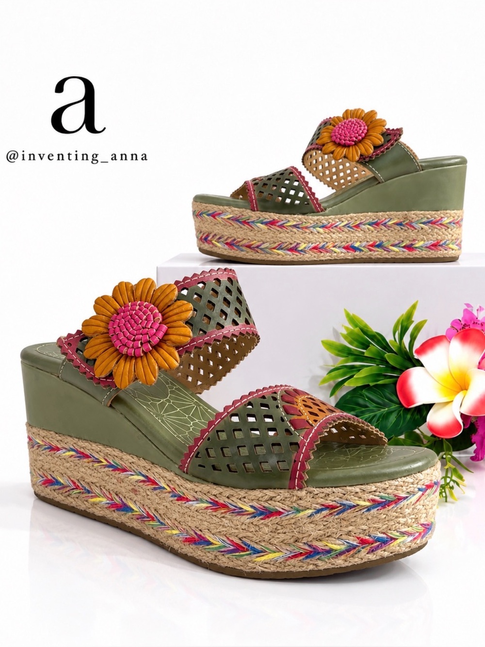 L’ARTISTE Olive Green 3.5-Inch Platform Sandal with Floral Accent Woven Heel